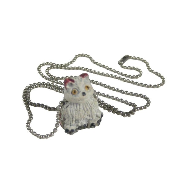 Silvertone Ball Chain Necklace 24 Inch Cat Pendant Unisex Strand Fashion Kitty - Picture 1 of 5